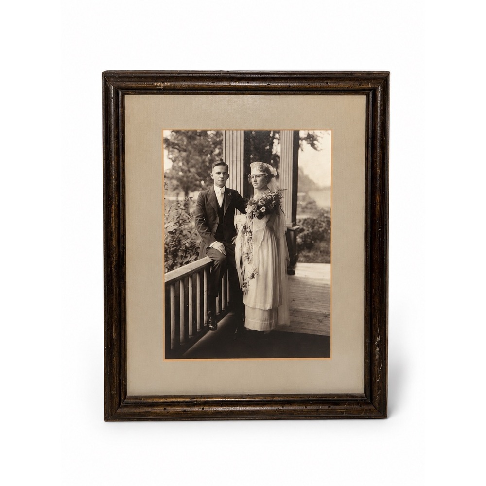 Antique Early 1900s Couple Photograph Vintage Wood Frame Edwardian Portrait